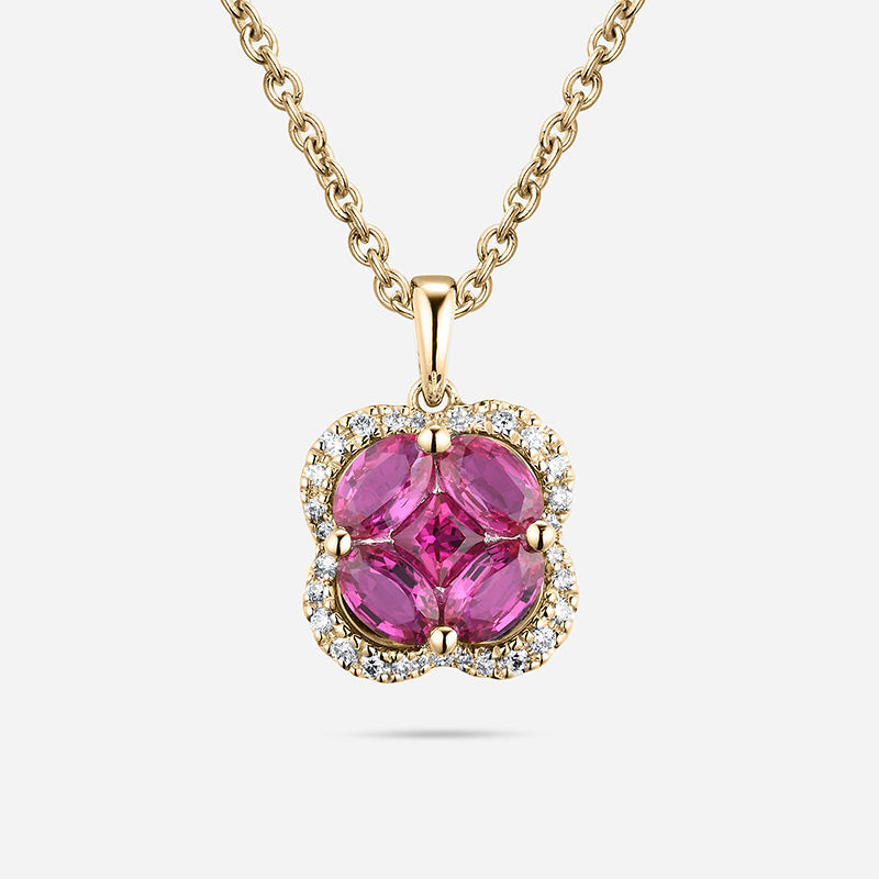Pink Sapphire Diamond Pendant 14K Yellow Gold Pendant Pink Ruby